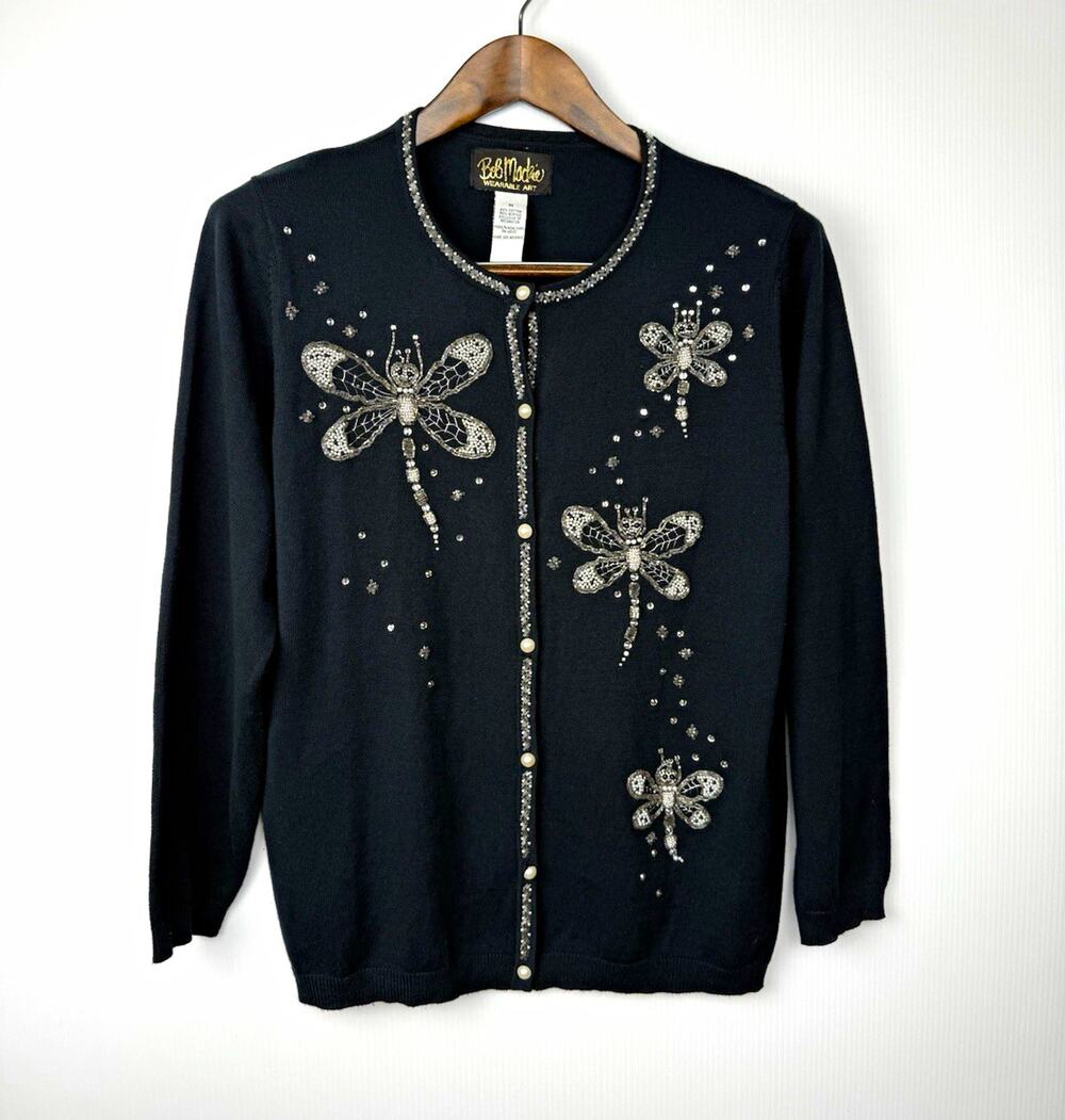Vintage 90s Bob Mackie Wearable Art Dragonfly Beaded Embroidery Cardigan Black M